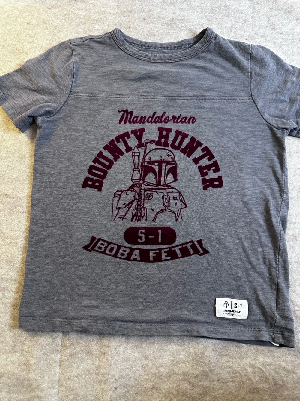 GAP Kids Grey Tee with Burgundy Mandalorian Boba Fett Print